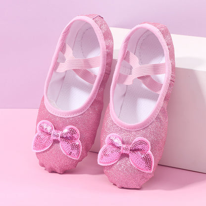 Sparkly pink ballet flats with sequin bows, FashionRay trendy kids' shoes on pastel background
