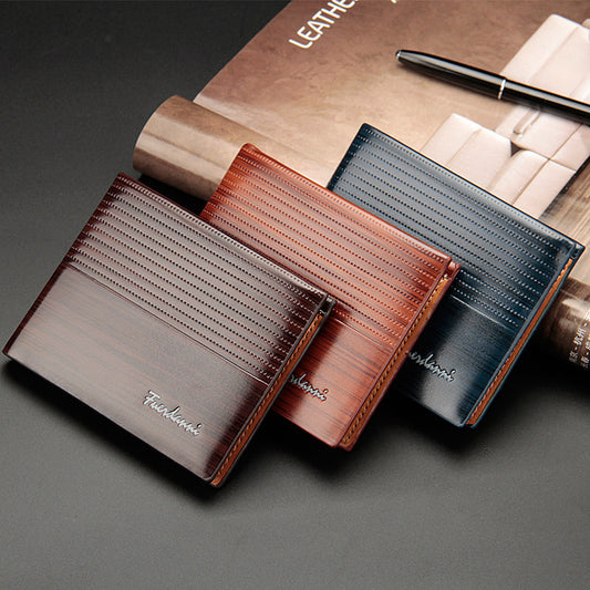 Three stylish leather wallets in brown, tan, and navy on a dark surface, FashionRay collection.