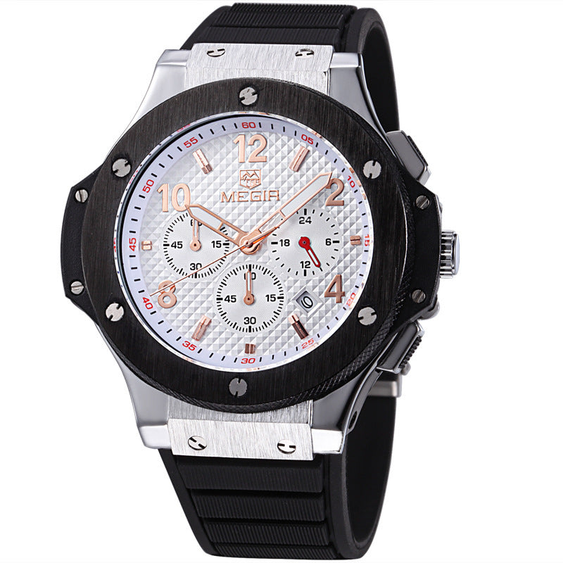 Stylish MEGIR men's chronograph watch with black bezel and silver dial, black rubber strap