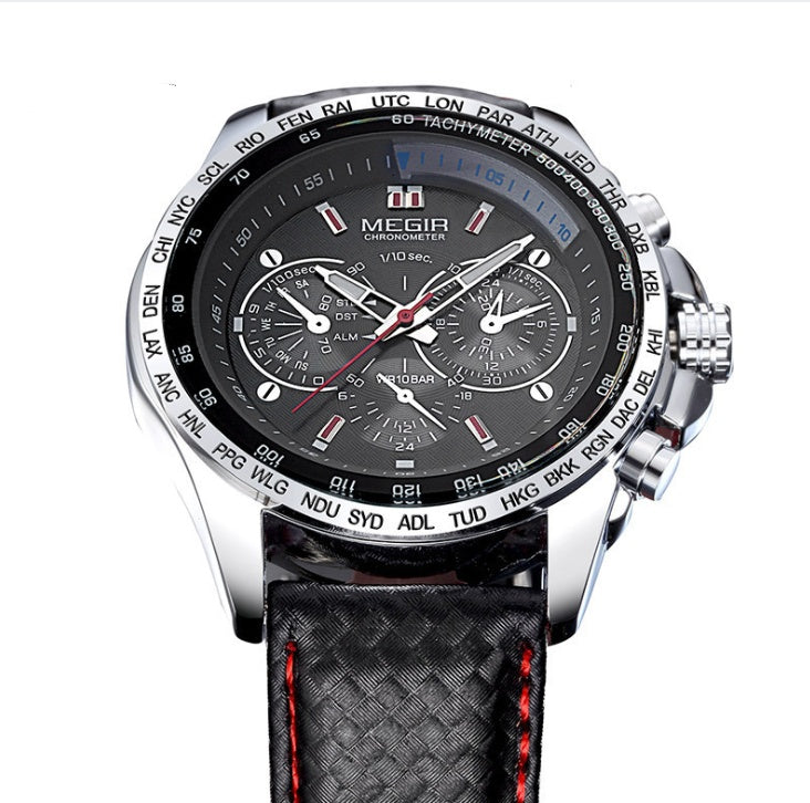 Black Megir chronograph men's wristwatch with world time bezel and textured leather strap