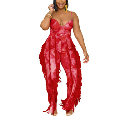 Woman wearing stylish red fringe tie-dye jumpsuit from FashionRay