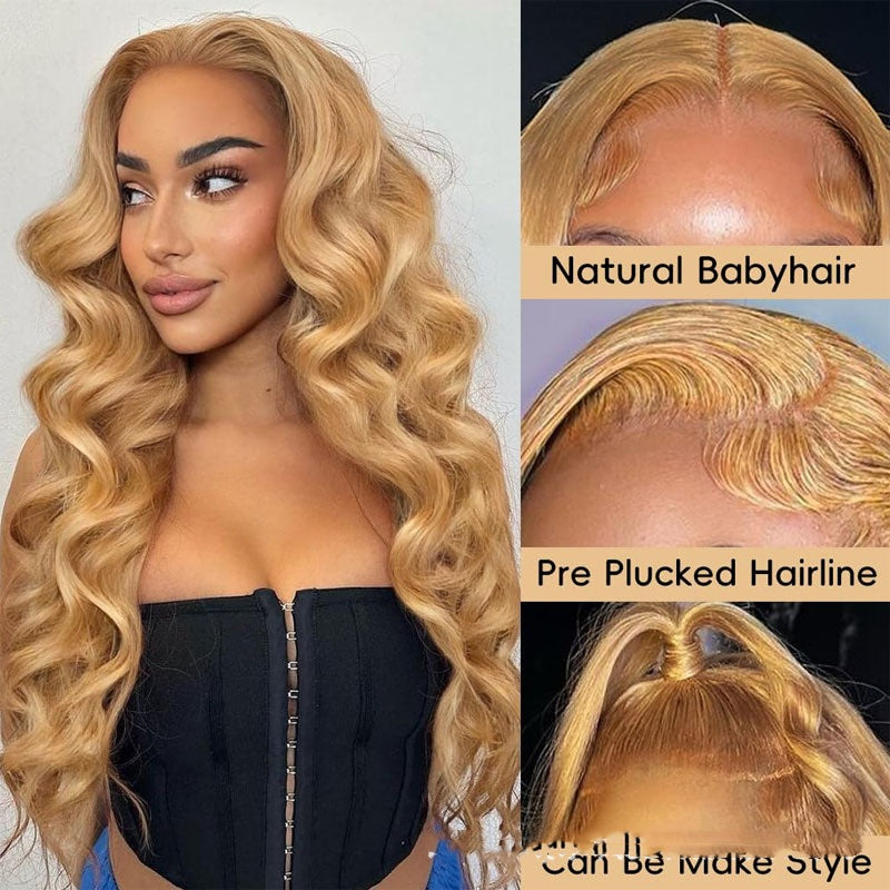 FashionRay blonde wig with loose waves, natural baby hair, pre-plucked hairline, and versatile styling