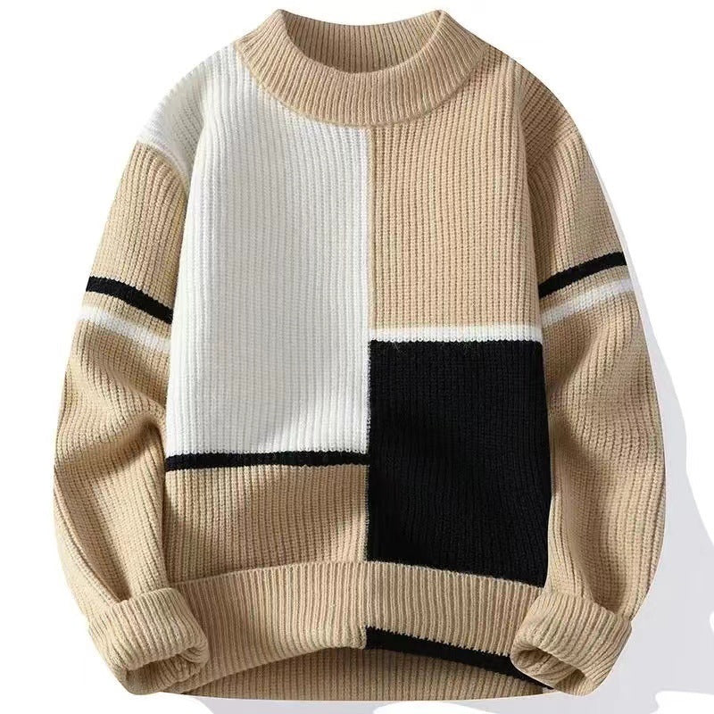 Beige, black, and white colorblock knit sweater with bold geometric pattern, FashionRay style