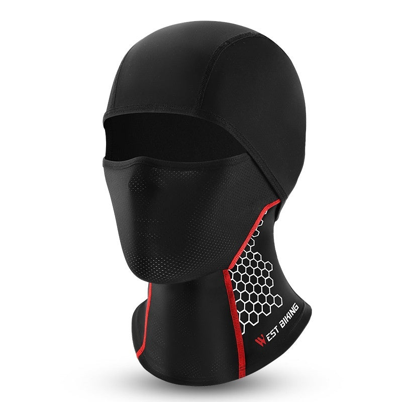 Black neoprene cycling balaclava with honeycomb pattern and red trim, West Biking logo