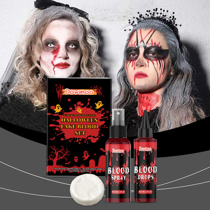 Halloween fake blood makeup set with two women in spooky costumes, FashionRay style