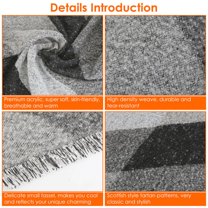 Close-up of grey tartan acrylic scarf showing soft texture, tassels, and classic weave, FashionRay