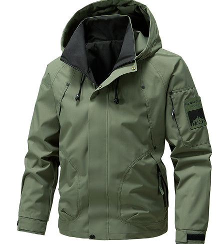 Olive green hooded jacket with zip pockets, modern design, and patch detail, FashionRay style
