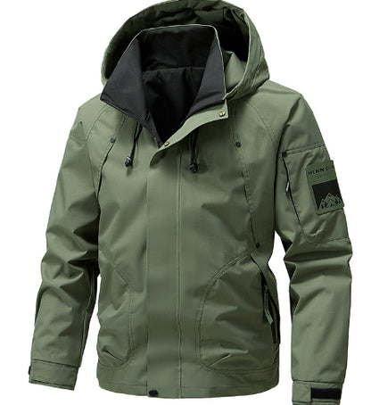 Olive green hooded jacket with zip pockets, modern design, and patch detail, FashionRay style