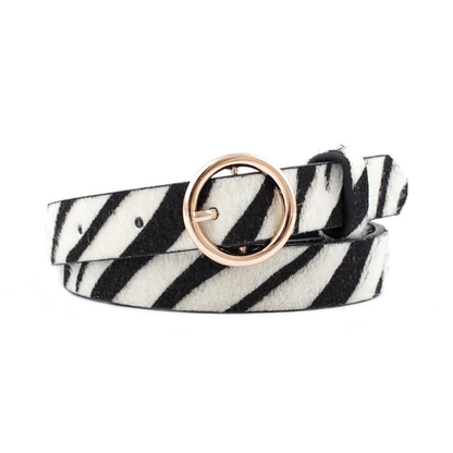 Zebra print fashion belt with round gold buckle, stylish accessory from FashionRay