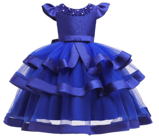 Elegant blue layered tulle dress for girls with pearl accents, FashionRay trendy kids fashion.