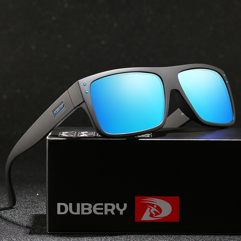 Trendy Dubery matte black sunglasses with blue mirrored lenses on branded box, FashionRay