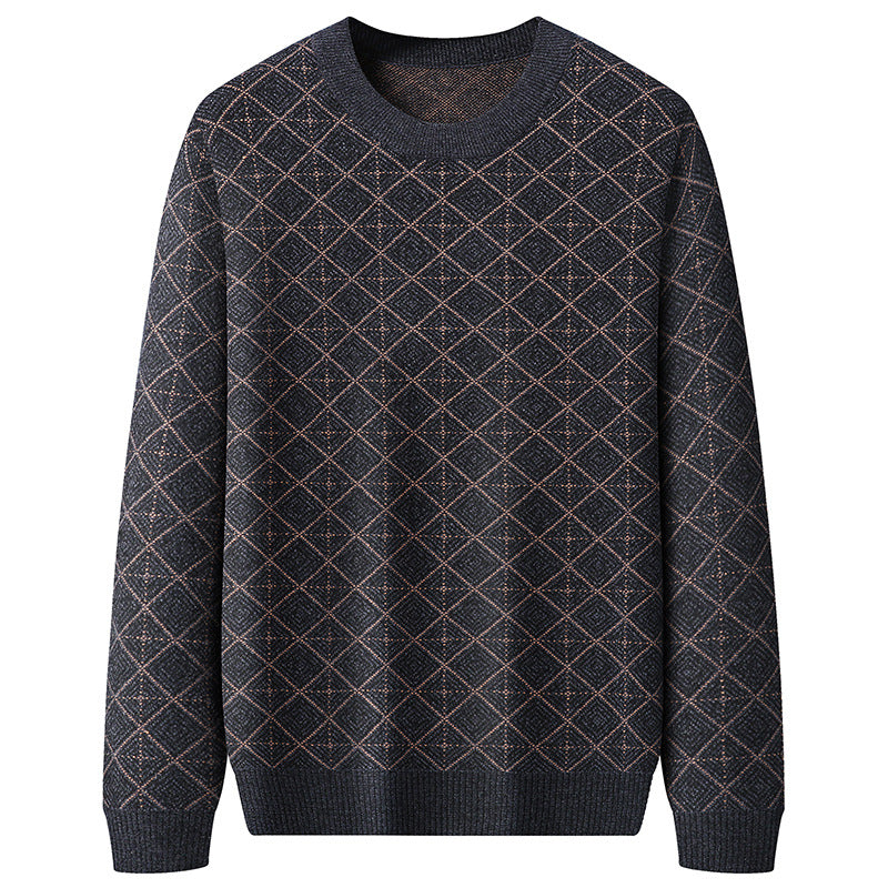 Men's dark sweater with diamond checkered pattern, trendy knitwear from FashionRay