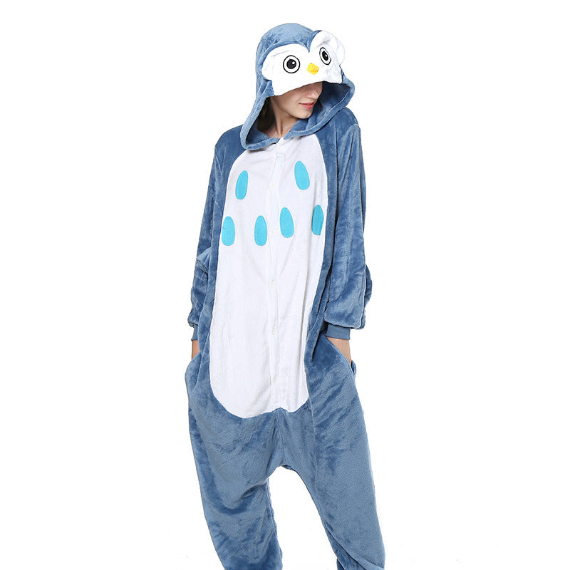 Woman wearing a blue owl onesie pajama with hood, FashionRay cozy loungewear