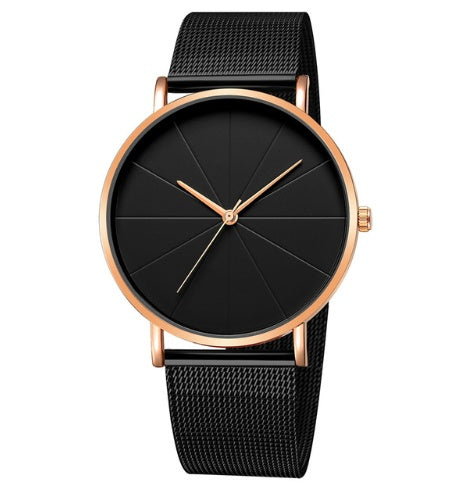 FashionRay minimalist black mesh band watch with gold case and sleek modern face