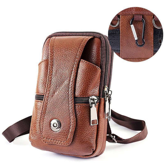 Brown leather crossbody bag with front pockets, zippers, and a carabiner clip, FashionRay style