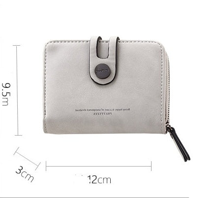 FashionRay minimalist gray wallet with snap button, zipper, and size dimensions shown