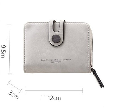 FashionRay minimalist gray wallet with snap button, zipper, and size dimensions shown
