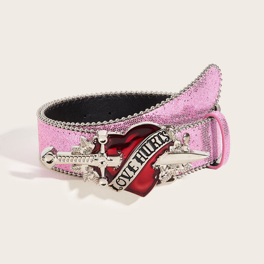 Pink glitter heart belt with silver dagger and 'Love Hurts' design, FashionRay accessory