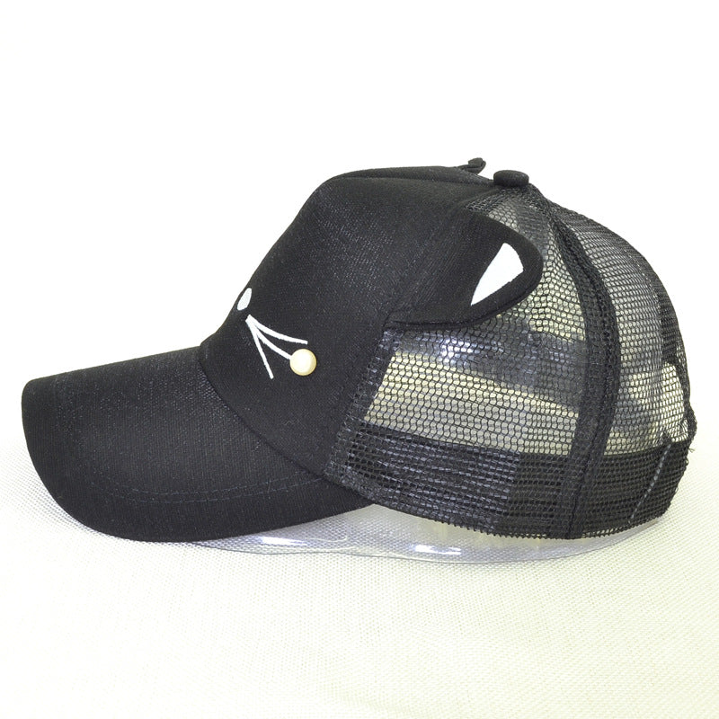 Black mesh trucker hat with cat ears and whisker accents, stylish accessory from FashionRay