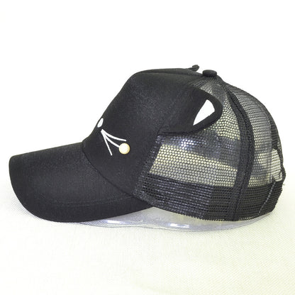 Black mesh trucker hat with cat ears and whisker accents, stylish accessory from FashionRay