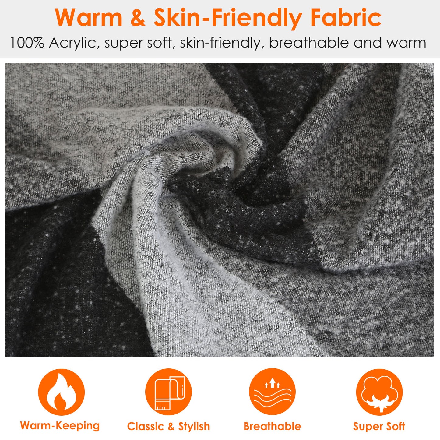 Warm, skin-friendly grey acrylic fabric closeup highlighting softness and breathability for FashionRay