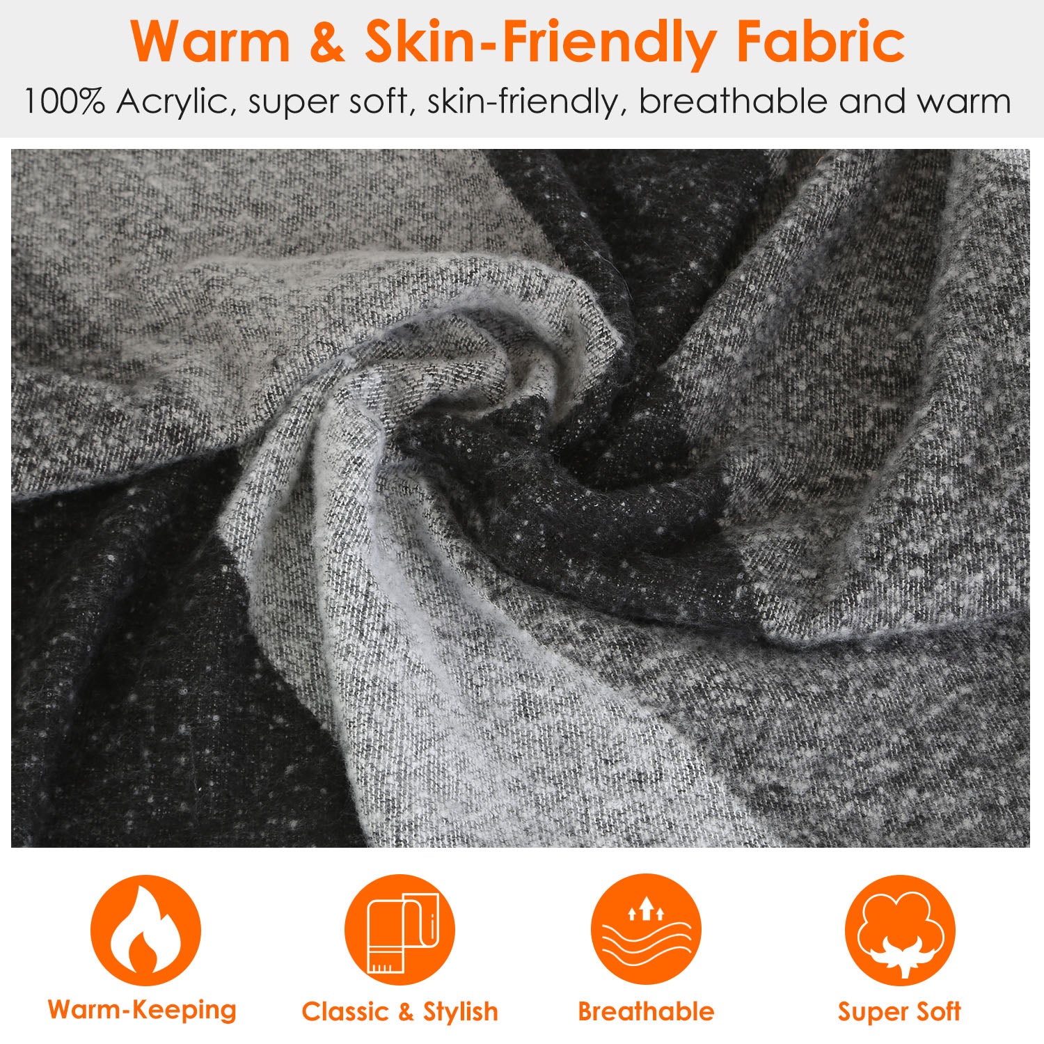 Warm, skin-friendly grey acrylic fabric closeup highlighting softness and breathability for FashionRay