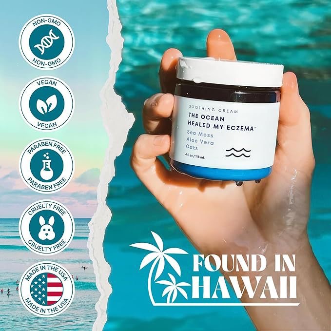 Hand holding The Ocean Healed My Eczema cream near water, with vegan, cruelty-free, USA-made icons.