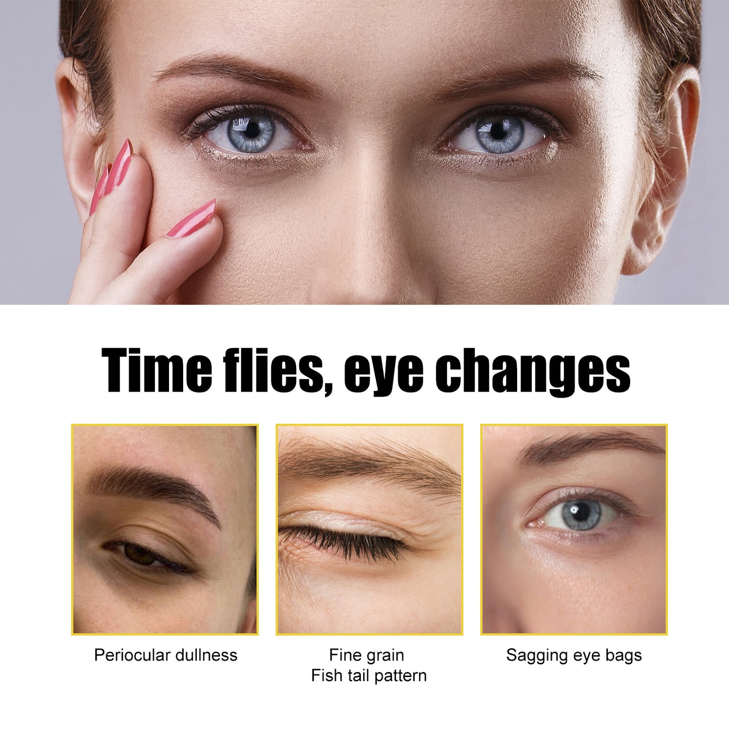 Closeup of woman's eyes highlighting changes like dullness, fine lines, and eye bags, FashionRay skincare focus