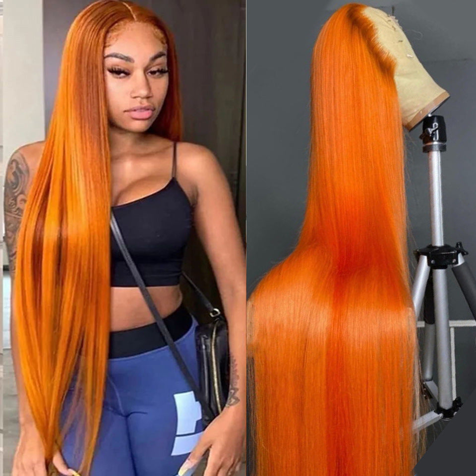 Woman wearing long straight orange wig, side-by-side with orange wig displayed on mannequin, FashionRay trendy style