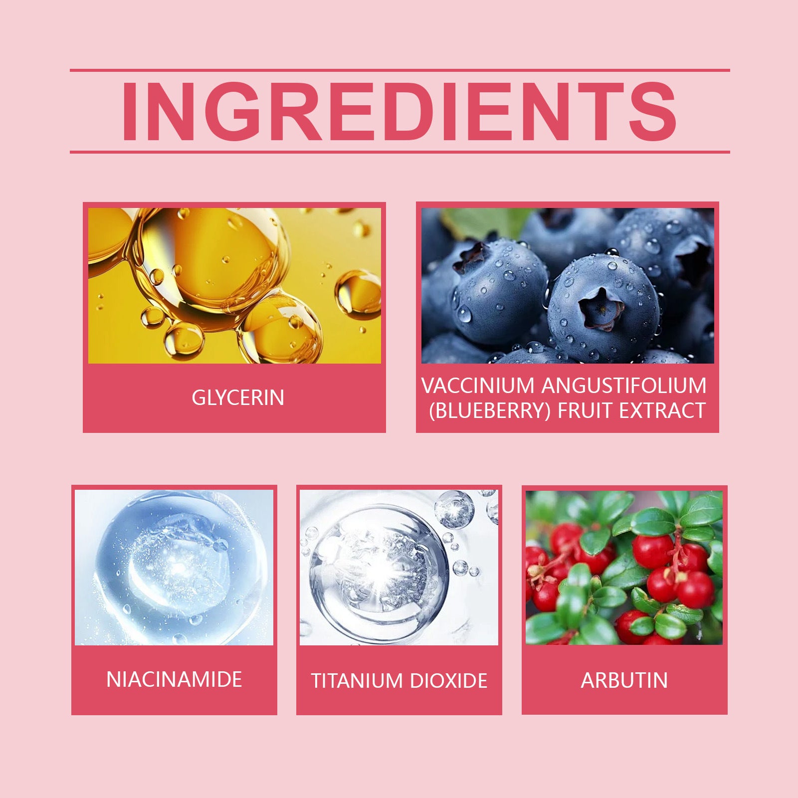 FashionRay skincare product ingredients chart showing glycerin, blueberry extract, niacinamide, titanium dioxide, and arbutin.