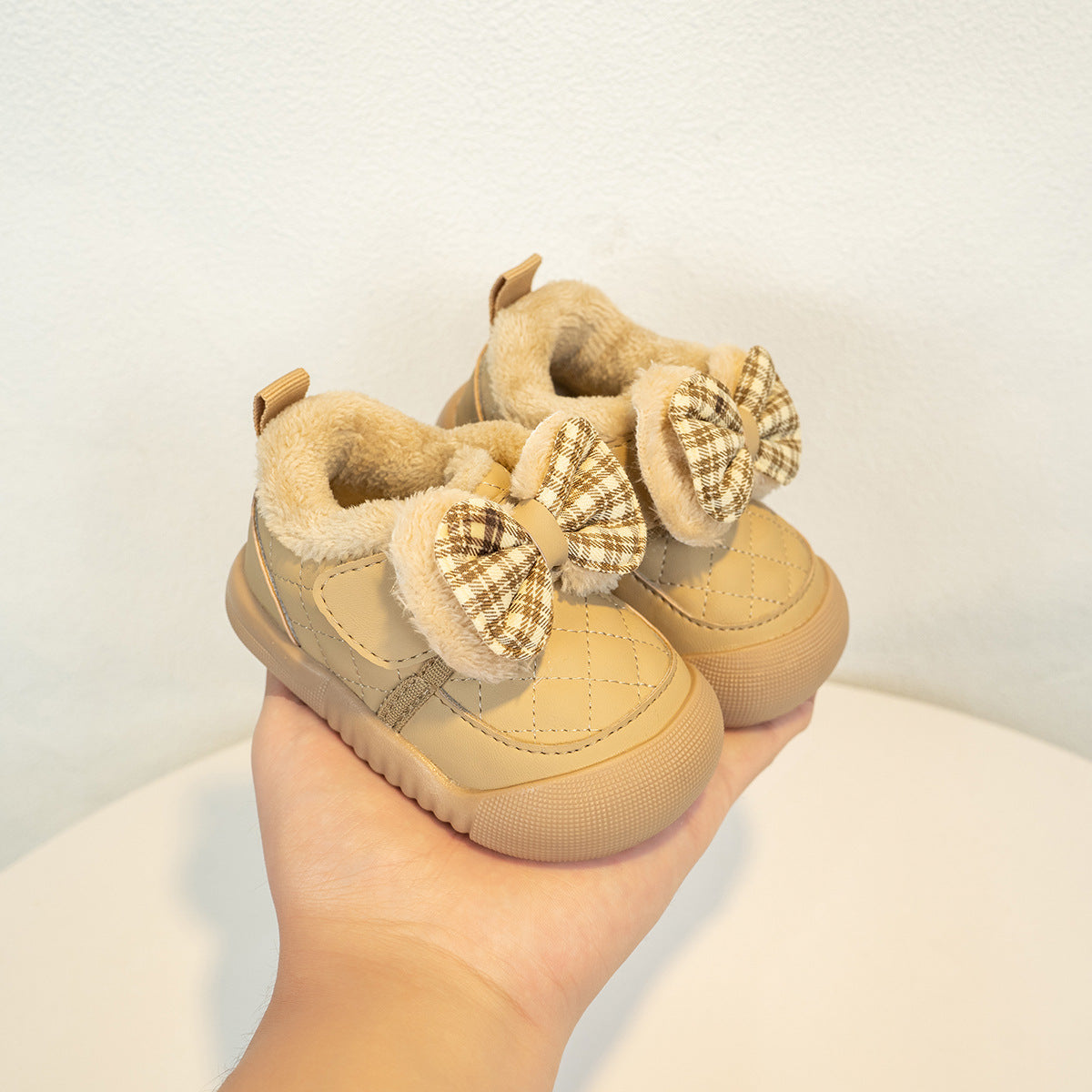 Cozy toddler shoes with plaid bows, beige quilted design, FashionRay baby footwear