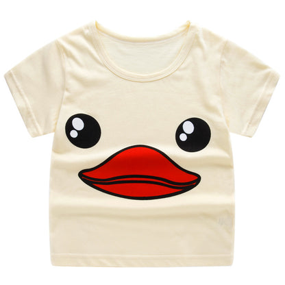 Beige FashionRay kids T-shirt with bold cartoon duck face and red beak print, trendy style
