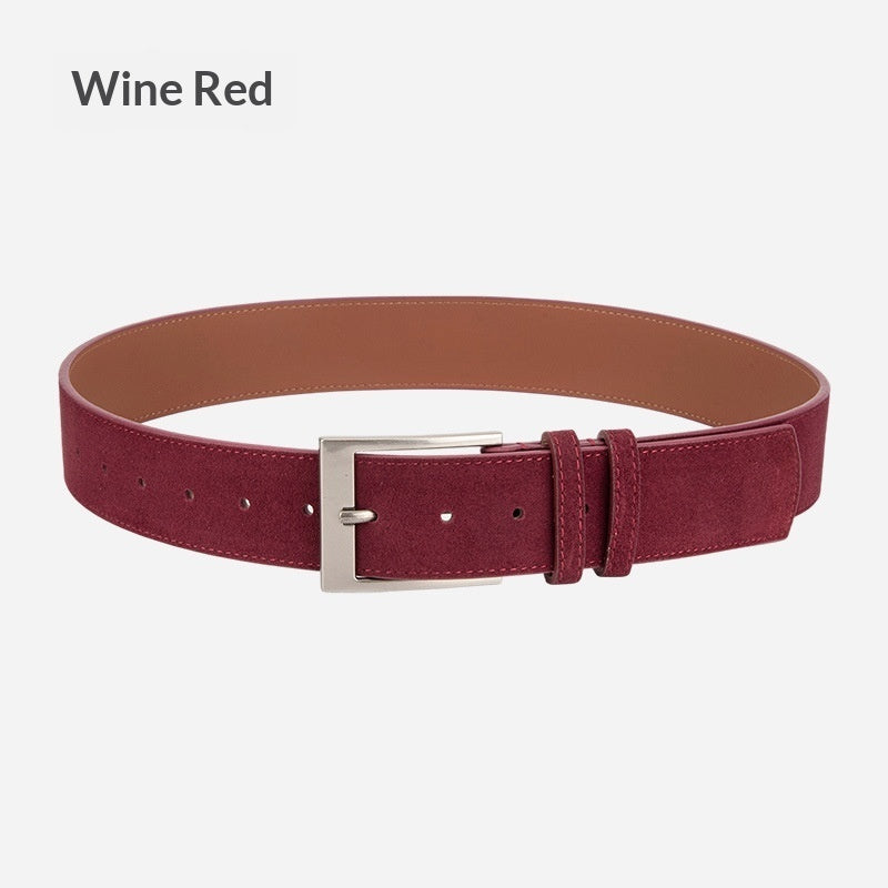 Wine red suede belt with silver buckle, FashionRay trendy accessory on white background