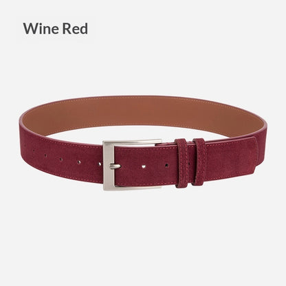 Wine red suede belt with silver buckle, FashionRay trendy accessory on white background