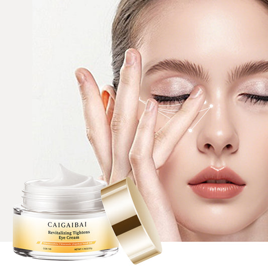 Woman applying Caigaibai revitalizing eye cream to under-eye area, skincare product close-up