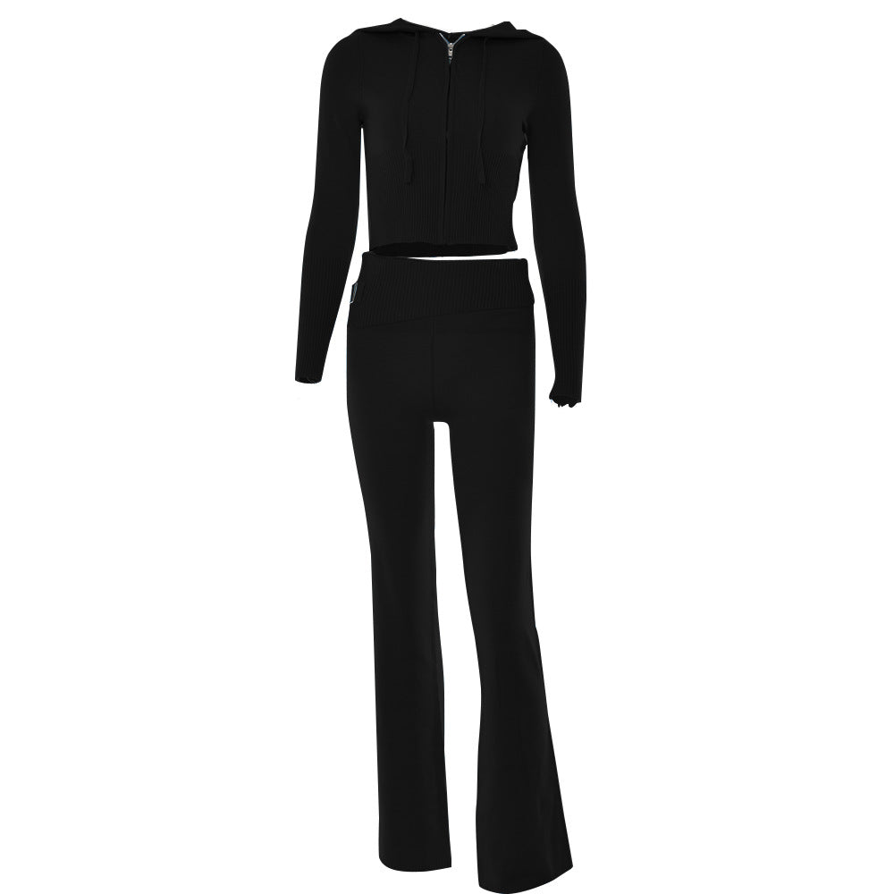 Black ribbed two-piece set with cropped zip hoodie and flared pants, FashionRay trendy style