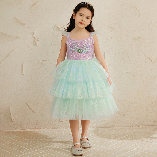 Girl in sparkly pastel mermaid dress with tiered tulle skirt, FashionRay kids fashion