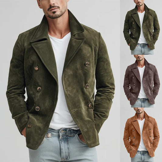 Men's double-breasted suede jacket in green, brown, and tan from FashionRay