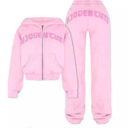 Light pink hoodie and jogger set with 'HIDDEN CITY' text, trendy loungewear by FashionRay
