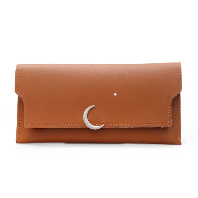 Brown leather wallet with crescent moon clasp and star accent, FashionRay trendy accessory