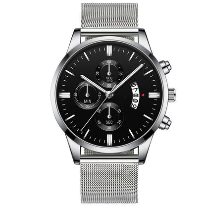 FashionRay silver mesh band chronograph watch with black dial and three subdials