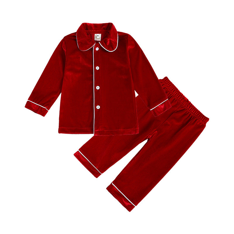 Red velvet kids' pajama set with white piping, long sleeves, and elastic waist from FashionRay