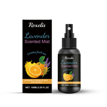 Roxelis Lavender Scented Mist spray bottle and box, calming aromatherapy with orange and lavender graphics