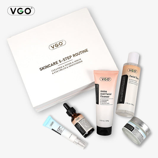 VGO skincare 5-step routine set with cleanser, toner, serum, eye cream, and moisturizer