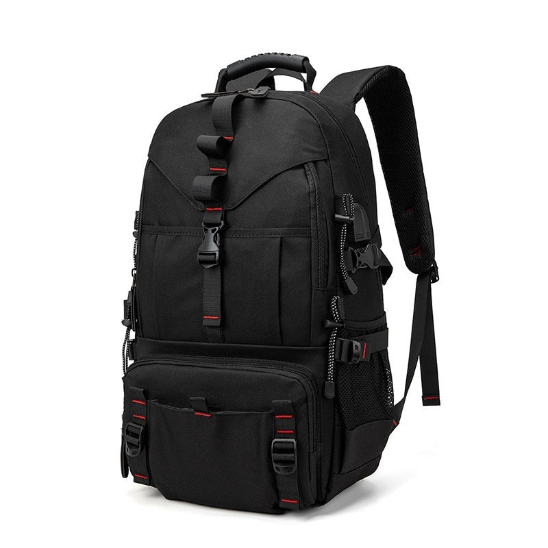 FashionRay black backpack with multiple pockets and red accents, durable and stylish design