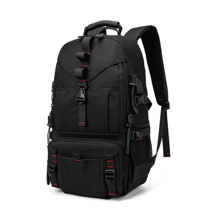 FashionRay black backpack with multiple pockets and red accents, durable and stylish design