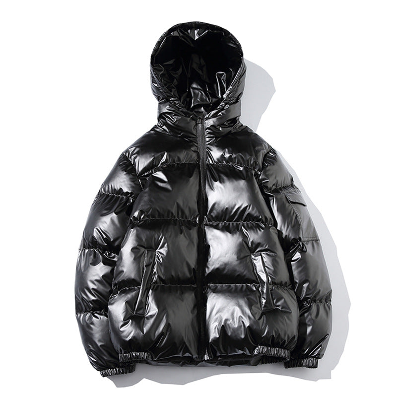 FashionRay shiny black puffer jacket with hood, trendy winter outerwear on white background