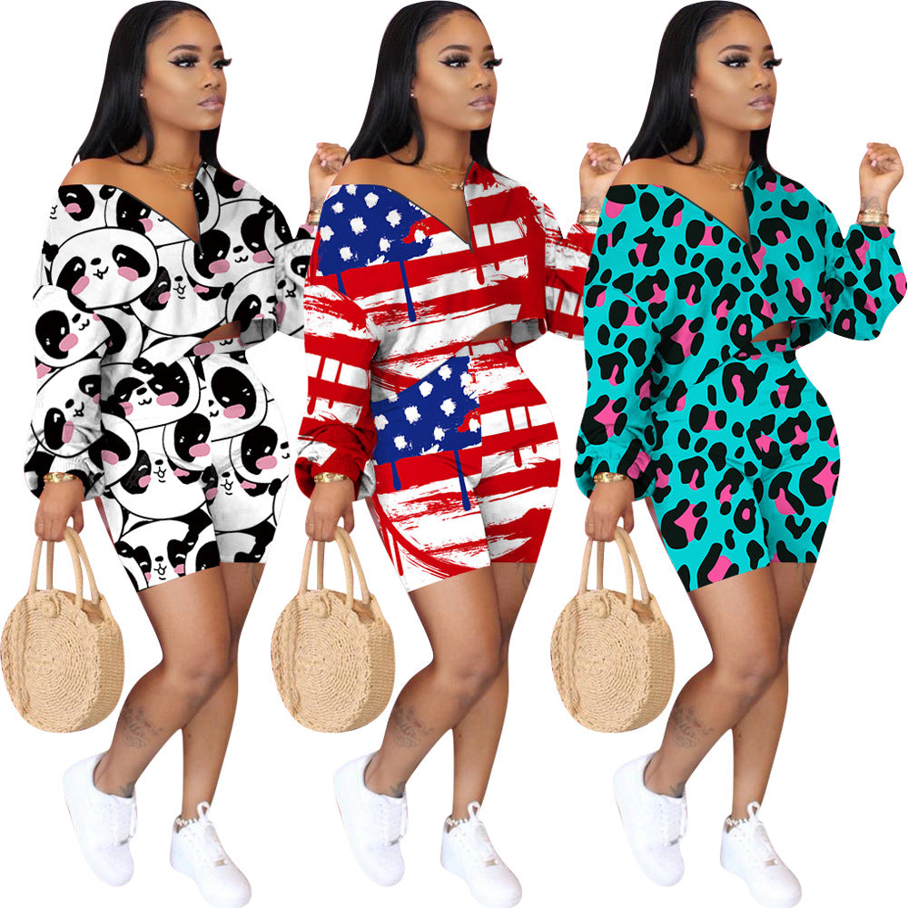 Woman models three FashionRay bold print two-piece outfits: panda, American flag, and teal leopard.