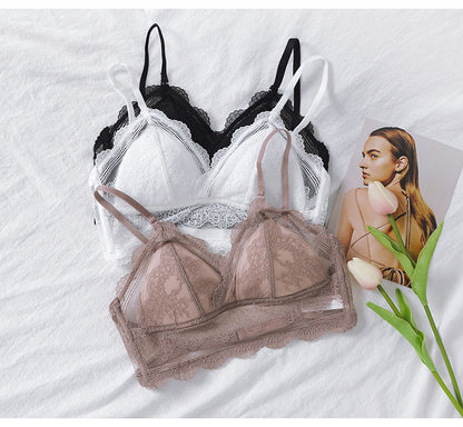 Lace bralettes in beige and white with flower accents, styled for FashionRay trendy comfort.