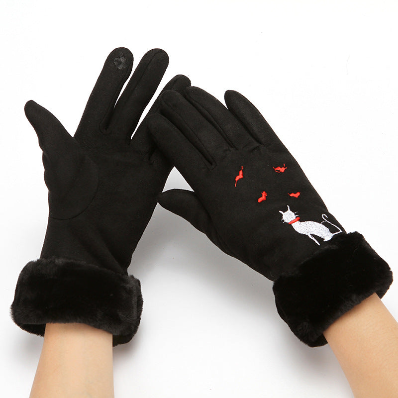 Black winter gloves with faux fur cuffs, cat and red butterfly embroidery, FashionRay style